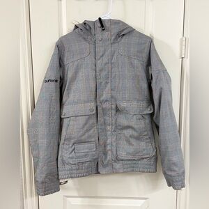 Burton Dry Ride and Gray Plaid Women's Ski Jacket with Detachable Faux Fur Hood